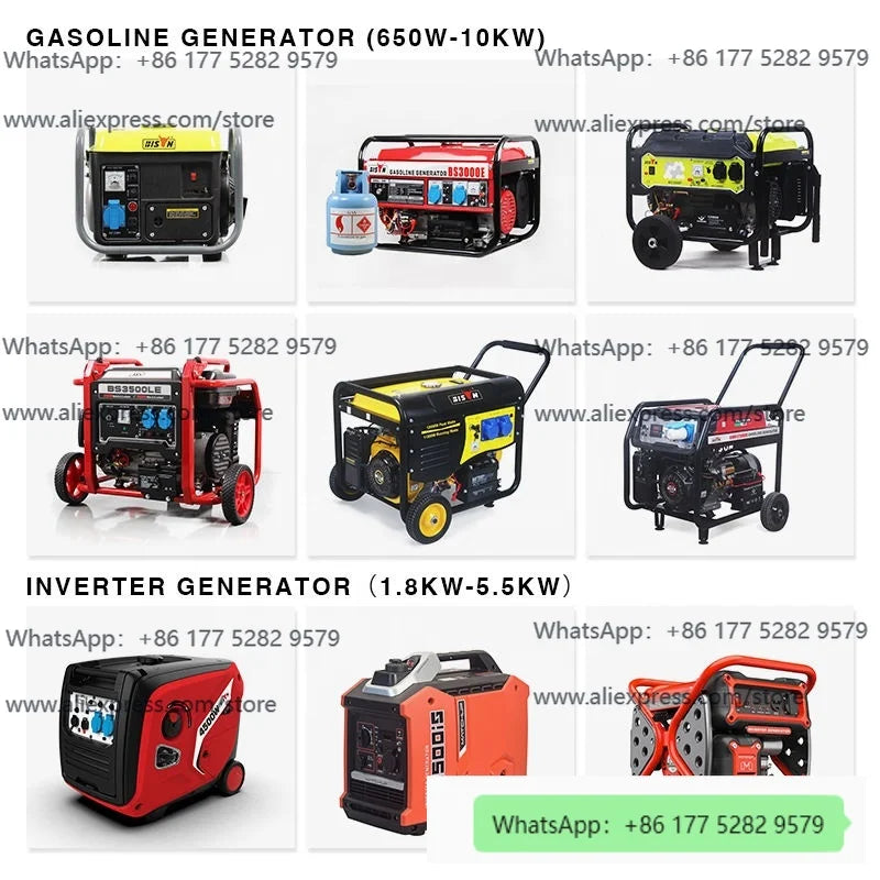 Various generators in red, yellow, and black on display