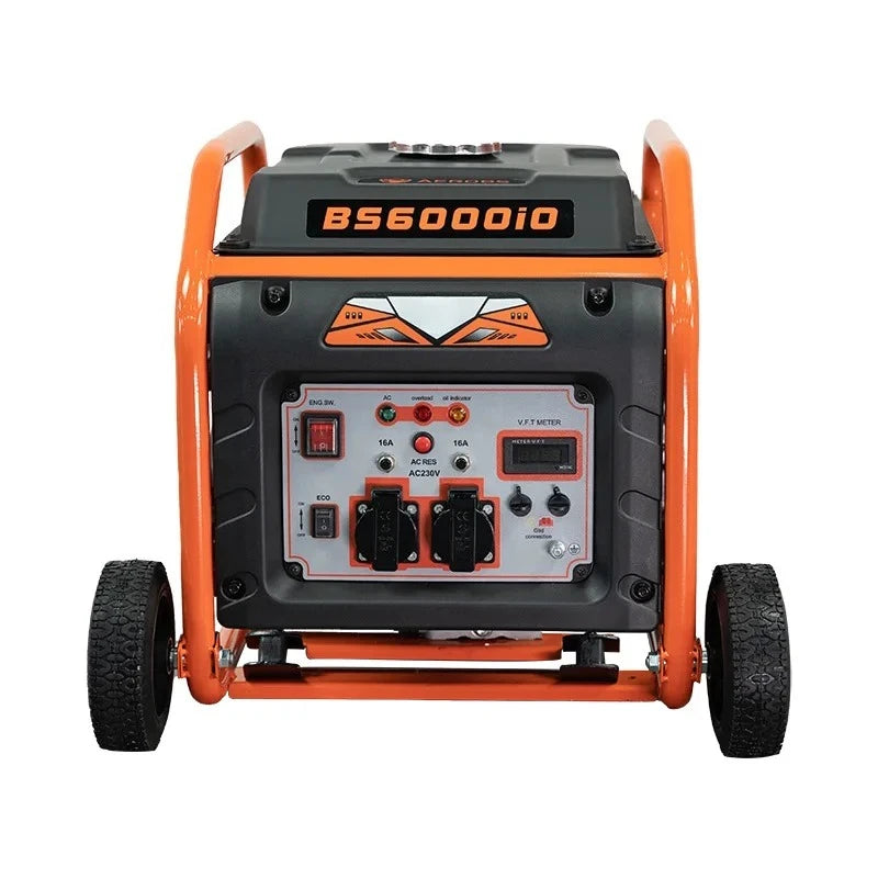 4.5KW portable generator front view with control panel and wheels in orange and black