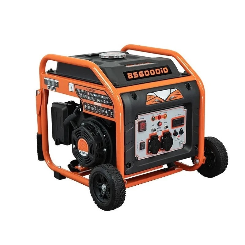 4.5KW portable generator side view showcasing the engine and control panel in orange and black