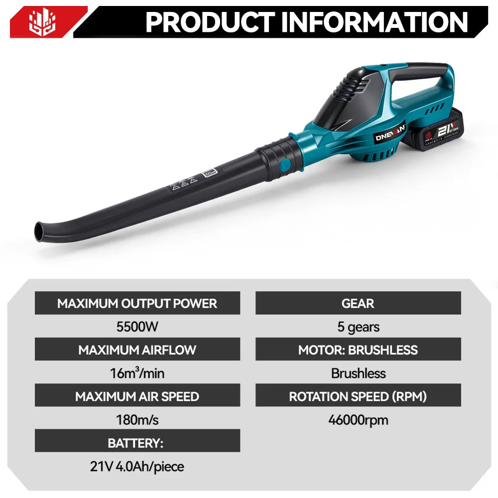 ONEVAN electric air blower packaging showing specs and battery information