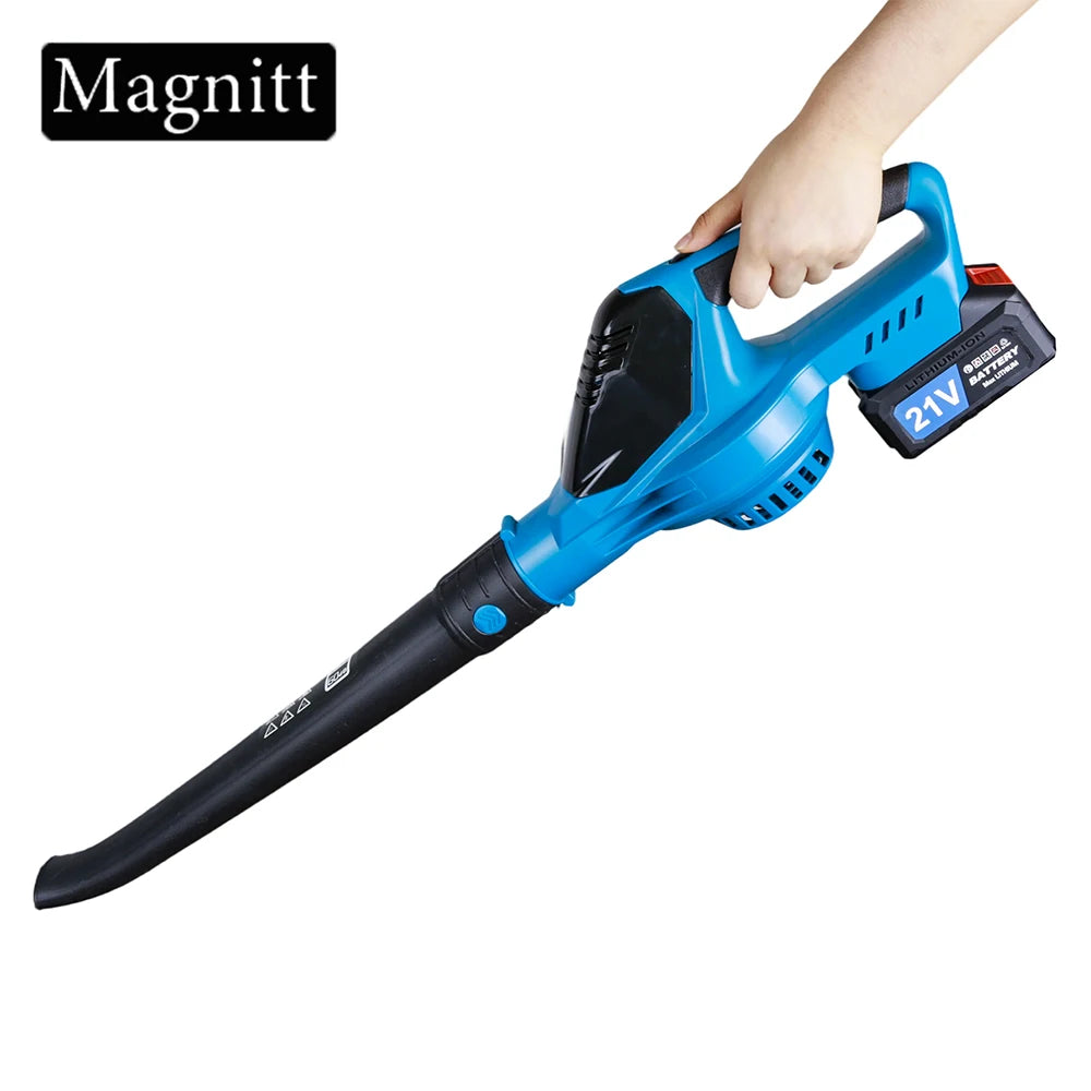 Magnitt turbo blower front view, battery powered in blue and black