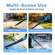 Magnitt turbo blower in use, blue and black outdoor cleaning scenes