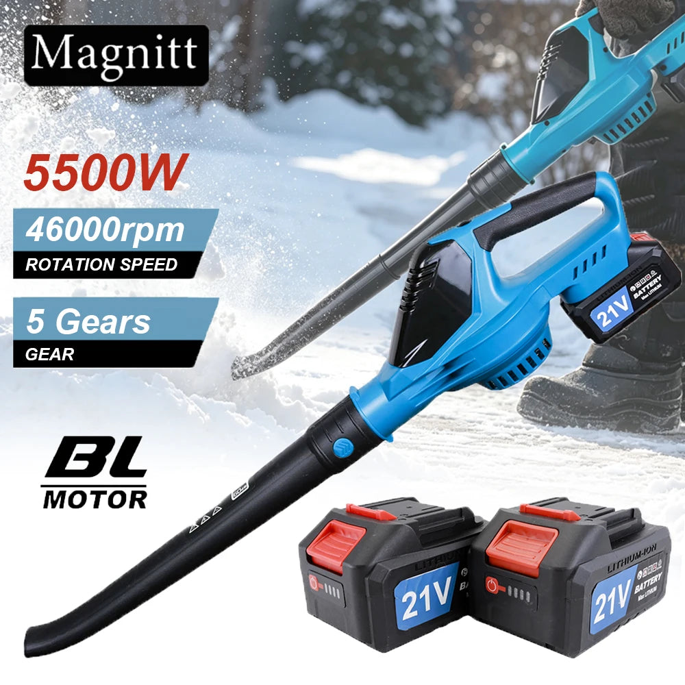 Magnitt turbo blower lifestyle shot, blue and black with 5500W power