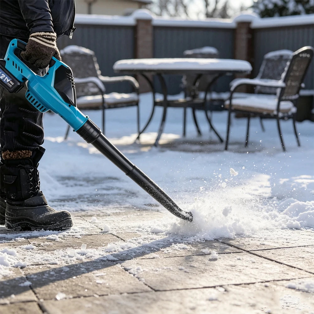 Magnitt turbo blower in snow, blue and white outdoor clearing scene