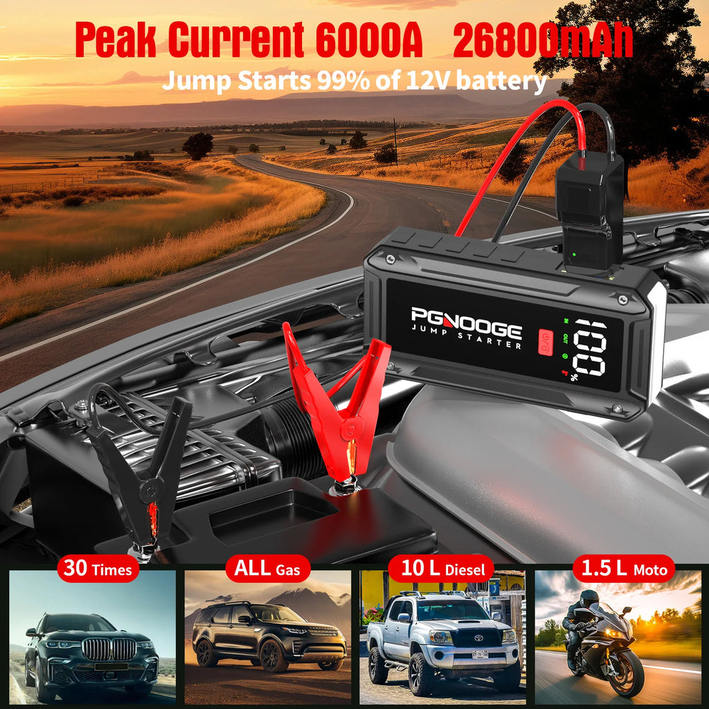 6000A jump starter in use with car engine on a road