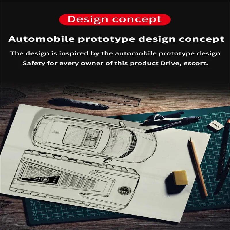 Design concept sketch of the power station in black, red, and green with prototype design elements.
