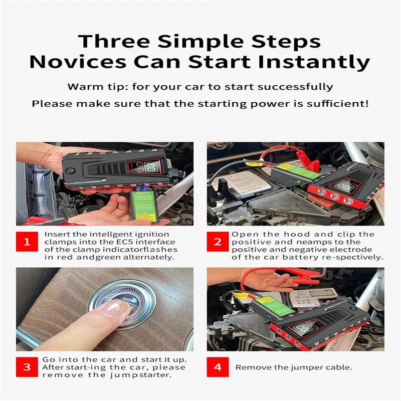 Front view of the car jump starter in black and red, suitable for 6.0L gas and 4.0L diesel engines.