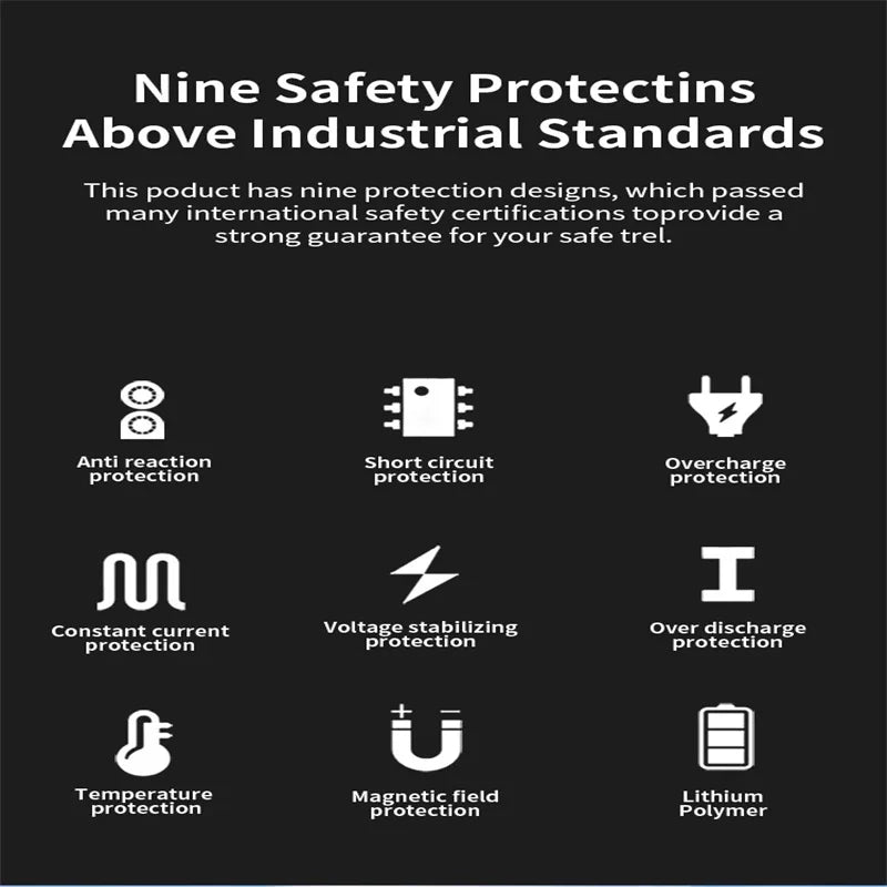 Packaging of the jump starter featuring safety icons and brand logo in black, red, and white.