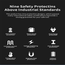 Packaging of the jump starter featuring safety icons and brand logo in black, red, and white.