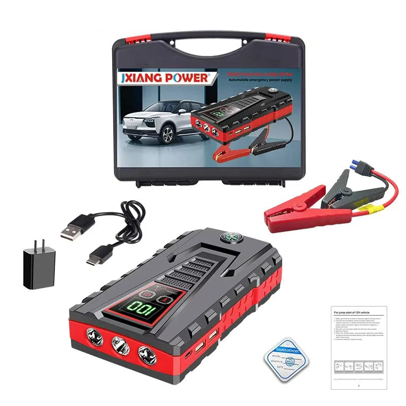 Packaging of the car jump starter featuring car illustration and jumper cables in black and red.
