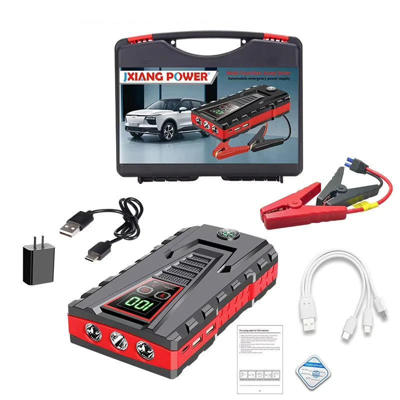 Portable charger in black, grey, and red with digital display and multiple connectors.