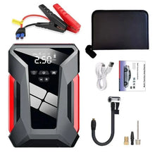 Packaging of the portable power bank with jumper cables and user manual in black and red.