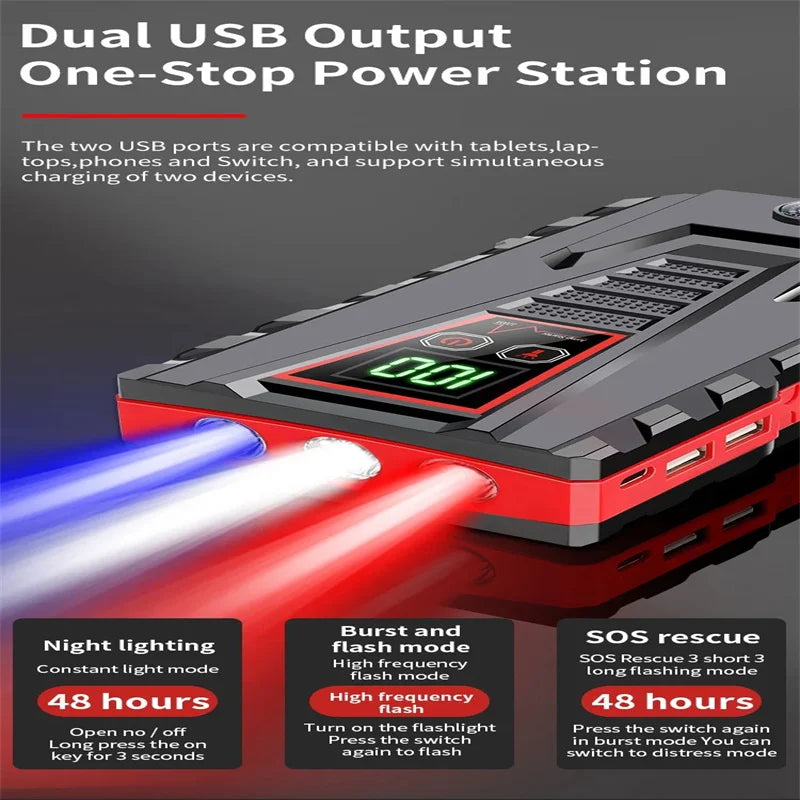 Power station in black, red, and green with dual USB output and LED display.