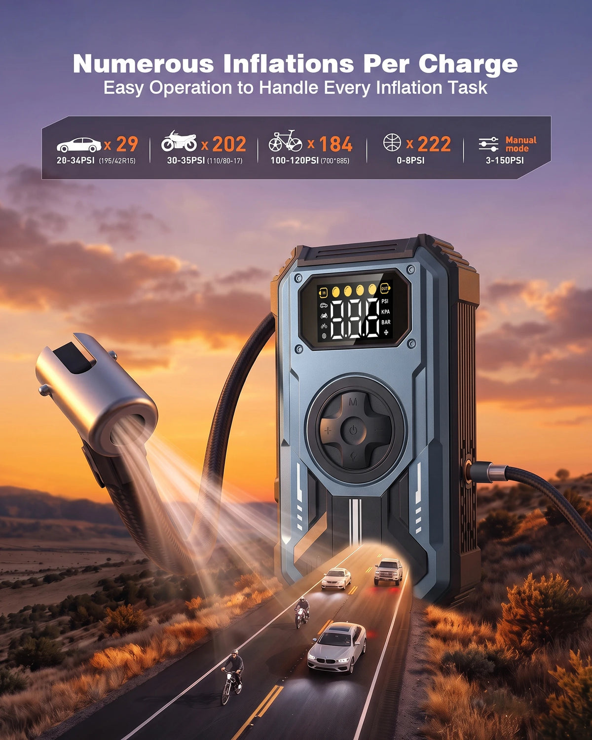7-IN-1 car jump starter with tire and inflation hose in a natural setting