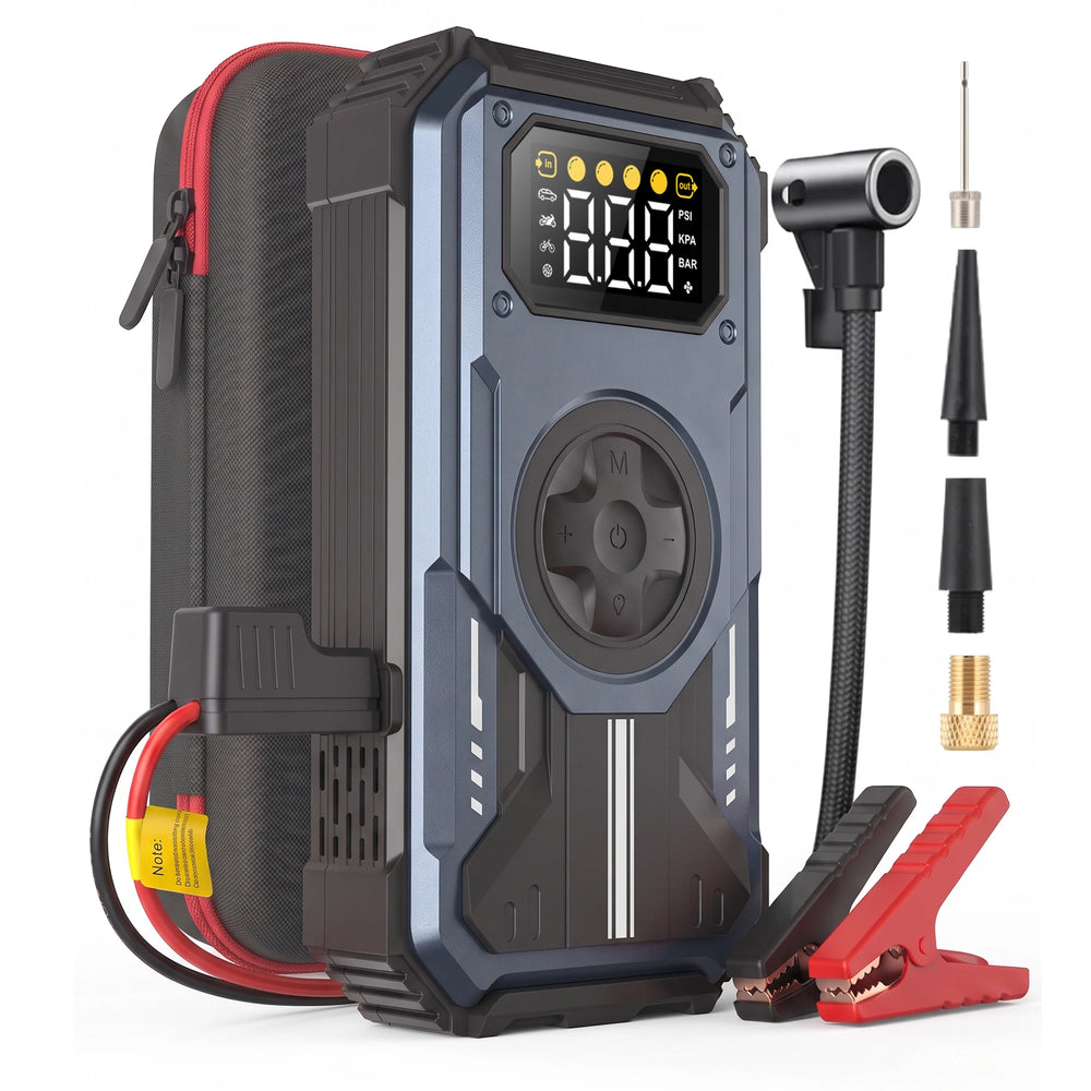 7-IN-1 car jump starter with digital display on a white background