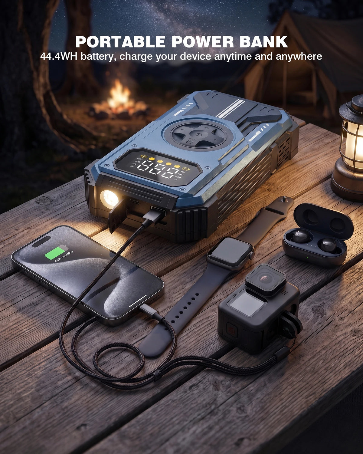 7-IN-1 portable power bank with LED light and multiple ports in a natural setting