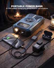 7-IN-1 portable power bank with LED light and multiple ports in a natural setting
