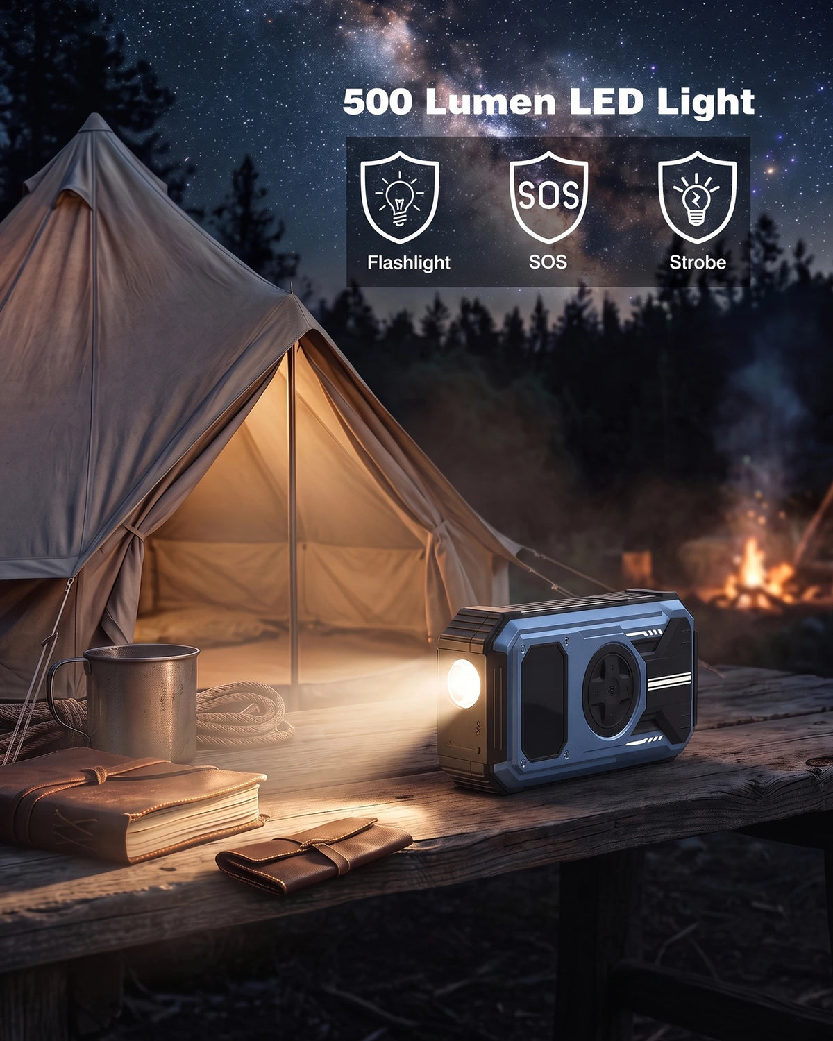 LED camping light illuminating a tent in a natural setting