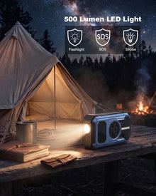 LED camping light illuminating a tent in a natural setting