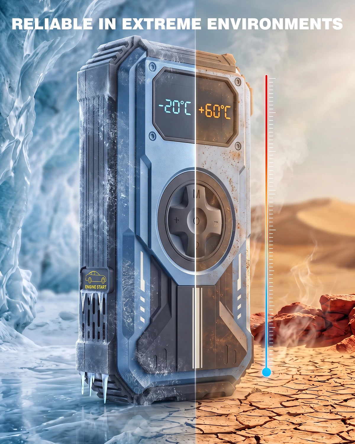 Rugged power bank in blue and black, water-resistant in a natural setting