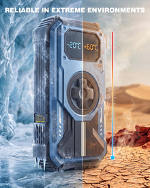 Rugged power bank in blue and black, water-resistant in a natural setting