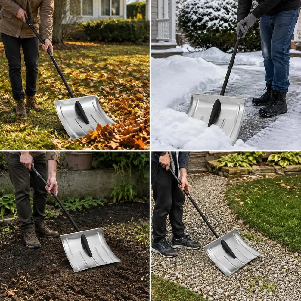 Collage showing various environments and uses of snow shovels.