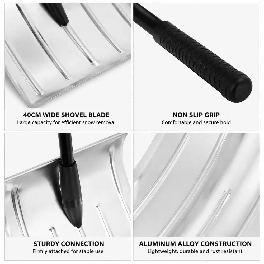 Close-up of the aluminum construction and ergonomic handle of the shovel.