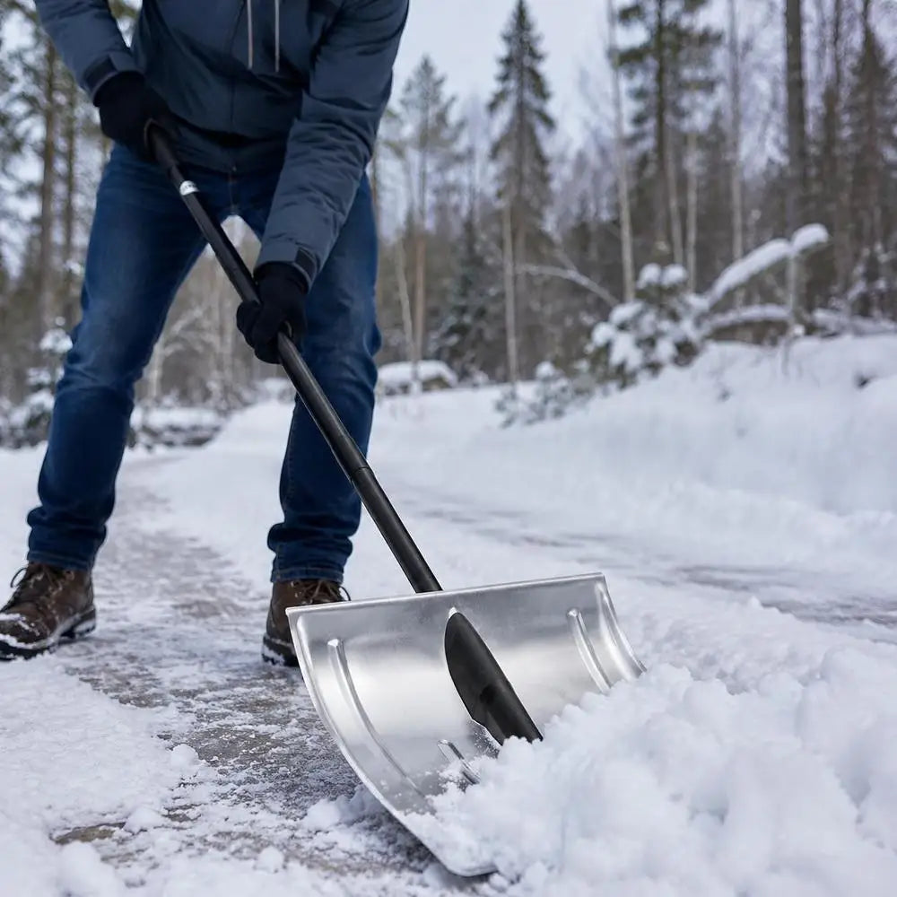 Person using a metal snow shovel on a snow-covered ground.