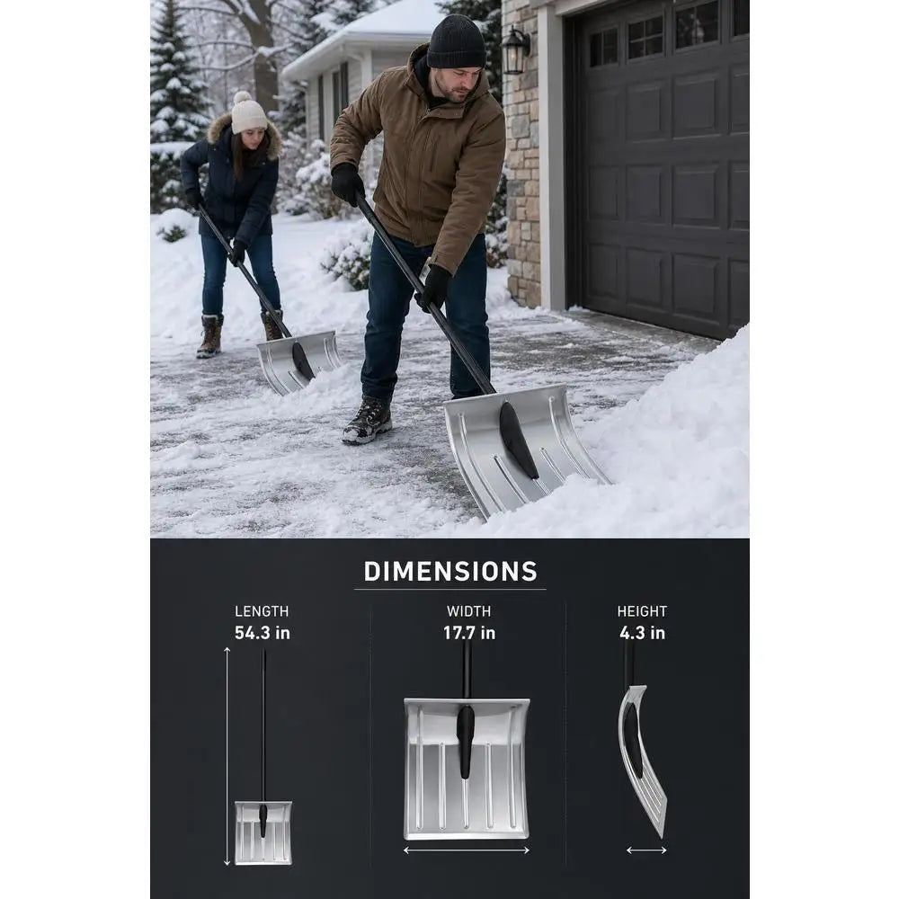 Two people using metal shovels on a snow-covered driveway.