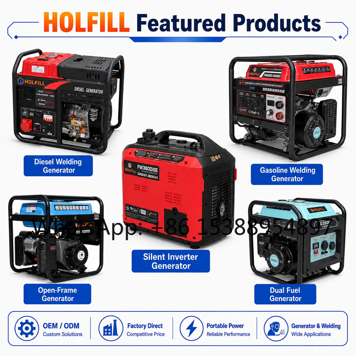 Featured portable generators in various colors including red, black, and blue.