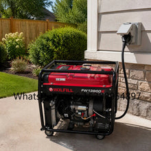 Portable inverter generator in black and red set in an outdoor environment.
