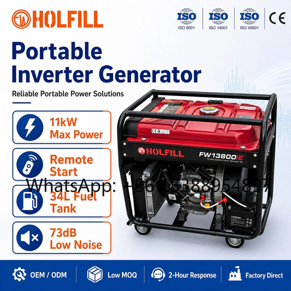 High output portable inverter generator in red and black with remote start feature.