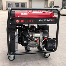 Side view of portable generator in black and red with visible engine.