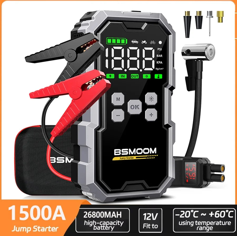Car jump starter in black and red with digital display on a white background
