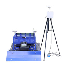 Blue bulldozer with tripod and front blade, shot on white background