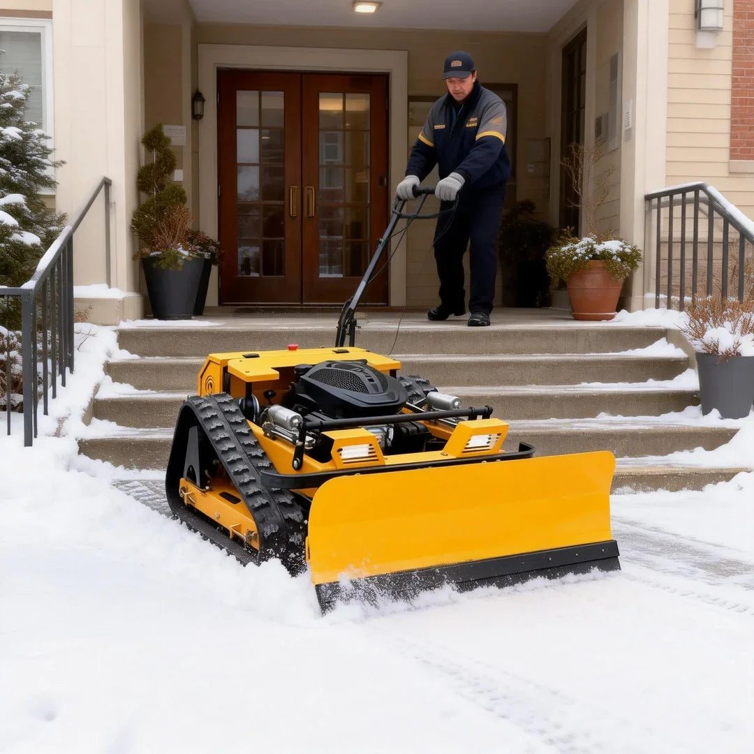 Customized remote-controlled tracked lawn mower in yellow and black, lifestyle shot