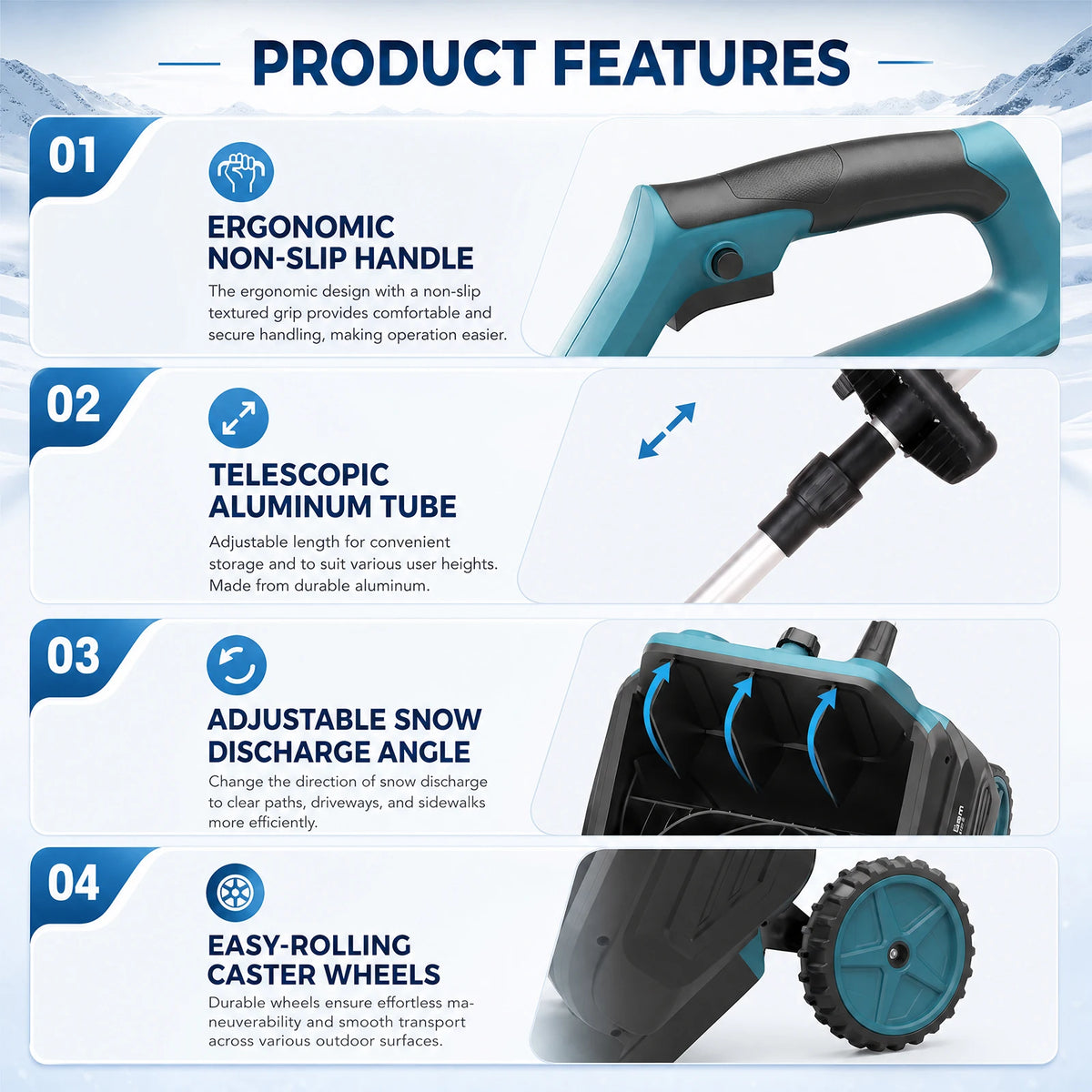 Degreat cordless snow shovel showcasing enhanced side cut and ergonomic grip in blue and black.