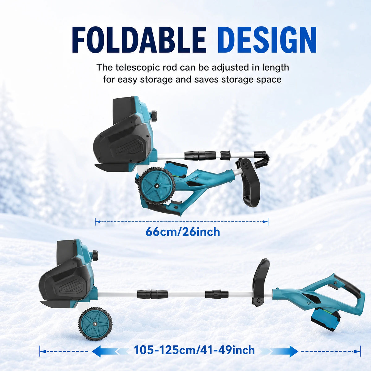 Degreat cordless snow shovel demonstrating foldable design for easy storage in blue and black.