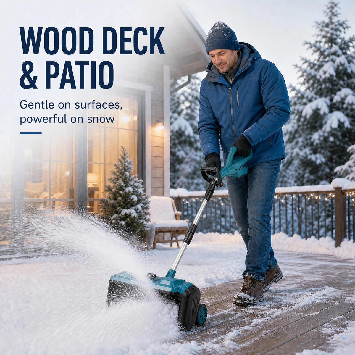 Degreat cordless snow shovel used by a man in winter clothing in a snowy environment.
