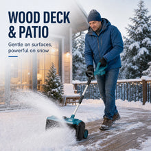 Degreat cordless snow shovel used by a man in winter clothing in a snowy environment.