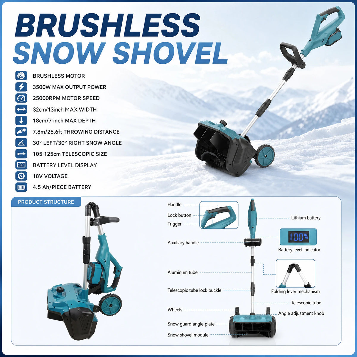 Degreat cordless snow shovel packaging emphasizing effortless snow clearing features.