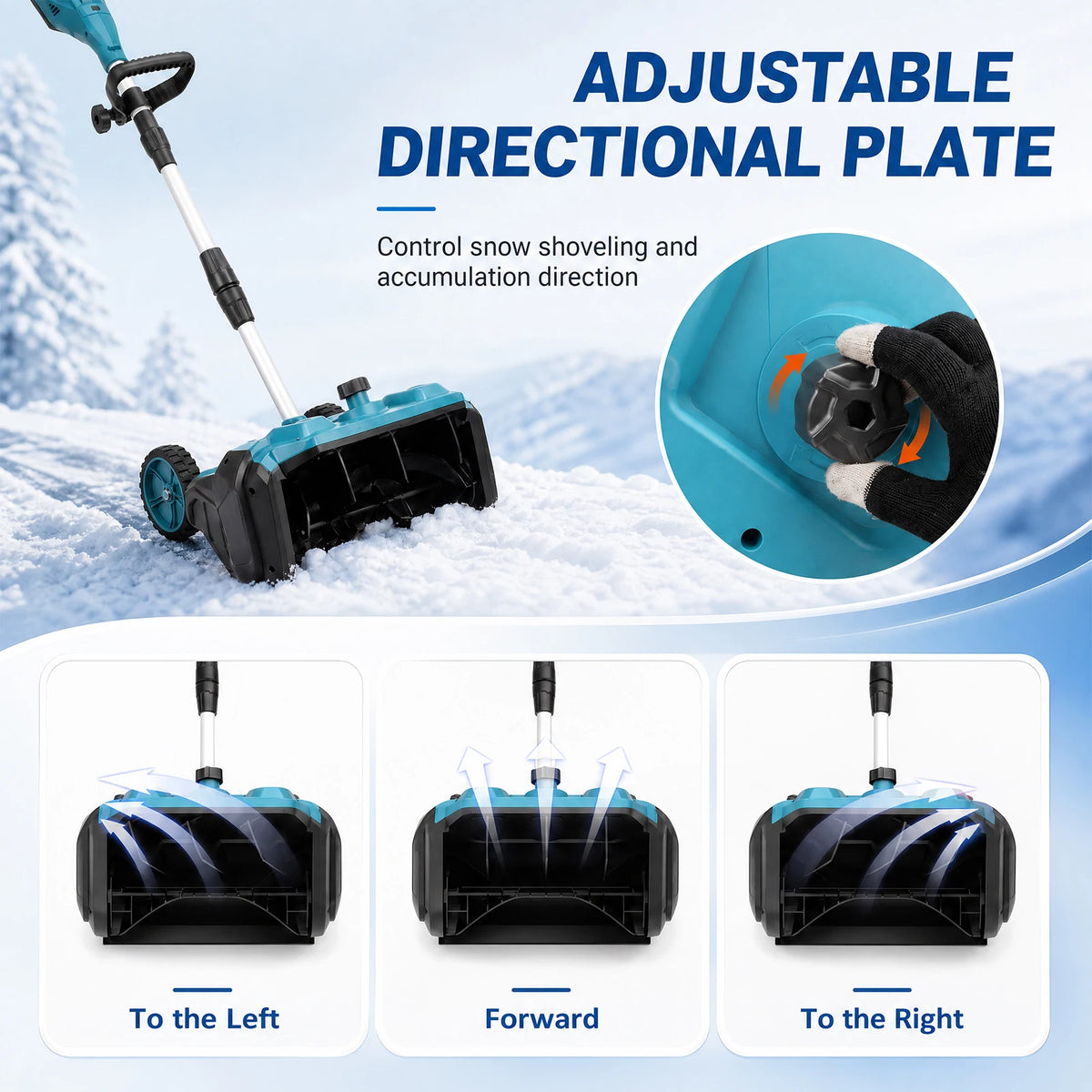 Degreat cordless snow shovel with adjustable directional plate in blue and black.