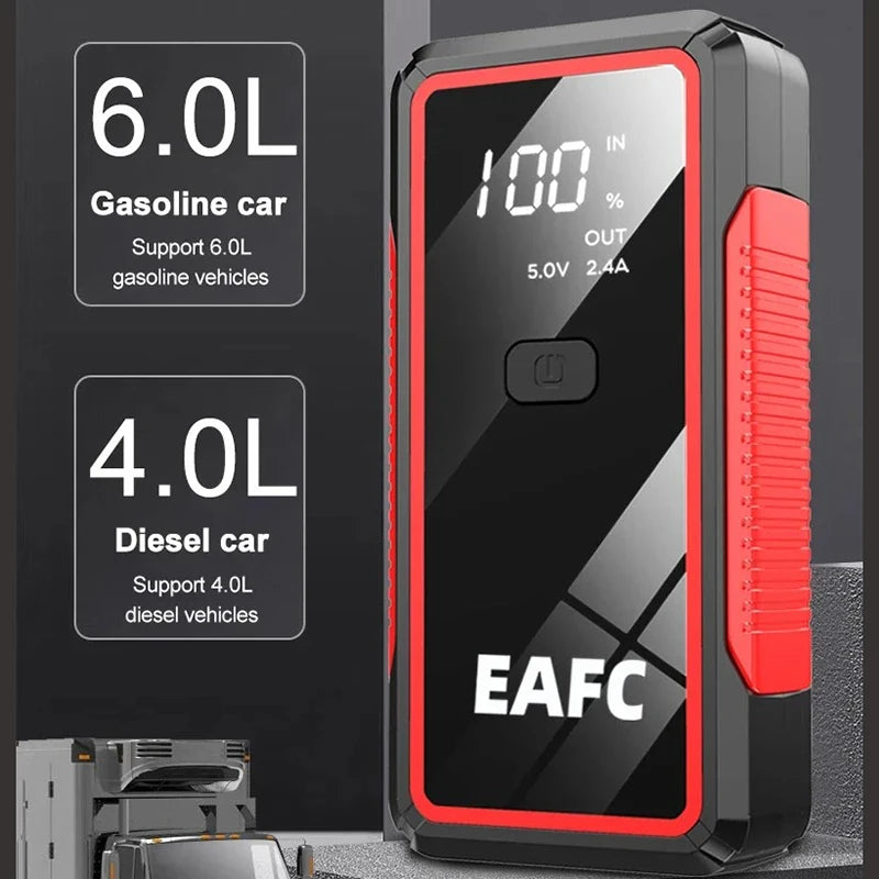 EAFC car jump starter front view showcasing diesel and gas compatibility with digital display in black and red.