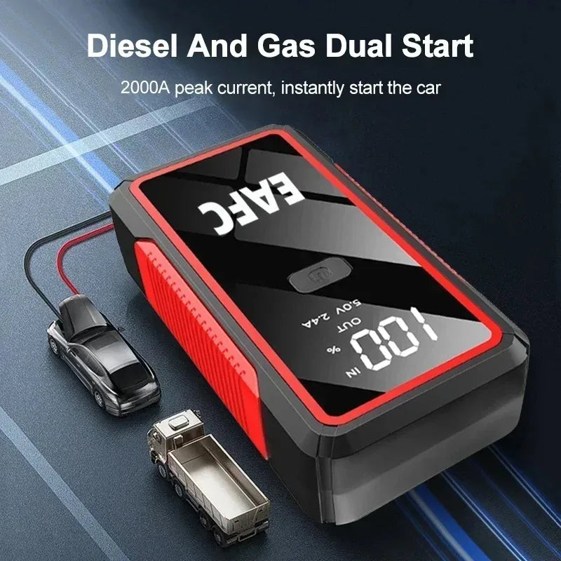 EAFC car jump starter front view featuring dual start and digital display in black and red.