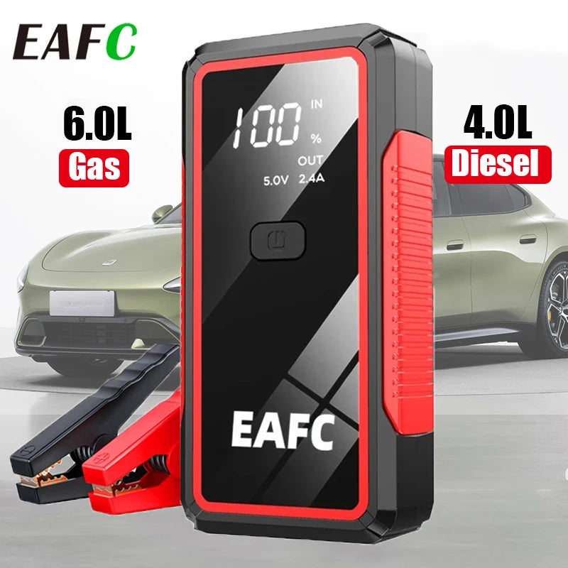 EAFC car jump starter front view with digital display and jumper cables in black and red.