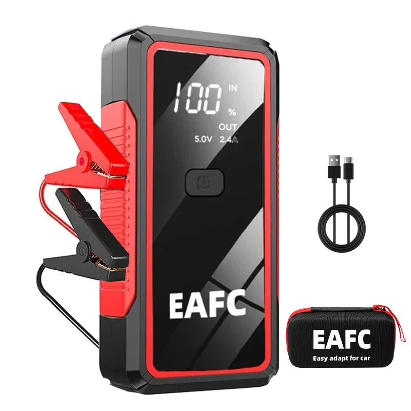 EAFC car jump starter front view featuring jumper cables and LED display in black and red.