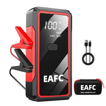 EAFC car jump starter front view featuring jumper cables and LED display in black and red.