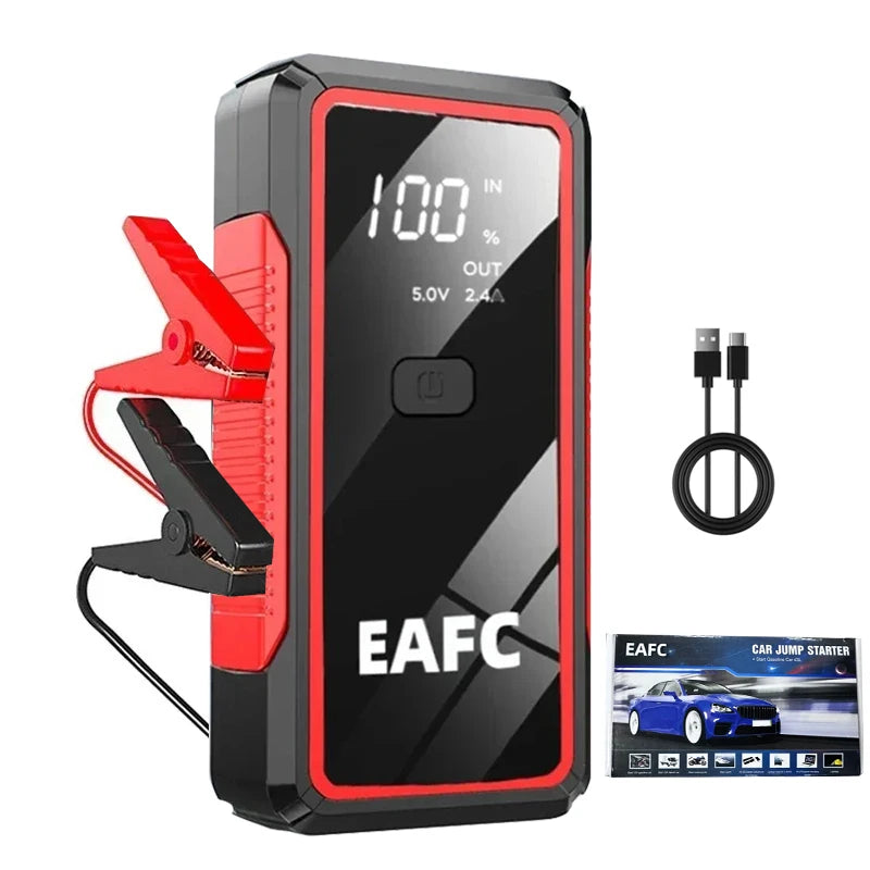 EAFC car jump starter front view showcasing jumper cables and LED display in black and red.