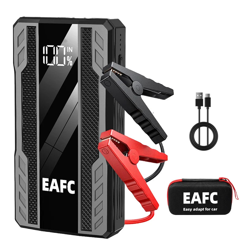 EAFC car jump starter front view with jumper cables and LED indicator in black and red.