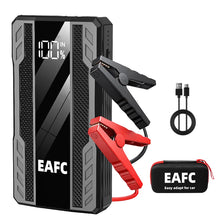EAFC car jump starter front view with jumper cables and LED indicator in black and red.